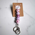 Silver Keyring with Pale Pink Lilac & Spotted Aubergine Beads - Pale Pink Cord Lanyard - Krafty Kat
