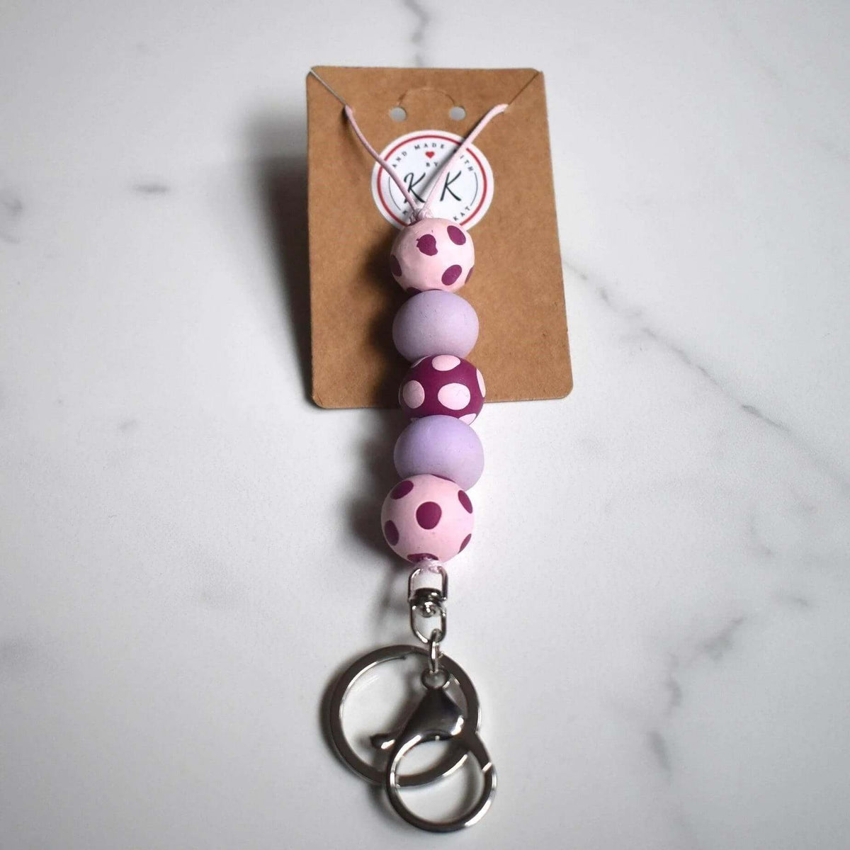 Silver Keyring with Pale Pink Lilac & Spotted Aubergine Beads - Pale Pink Cord Lanyard - Krafty Kat