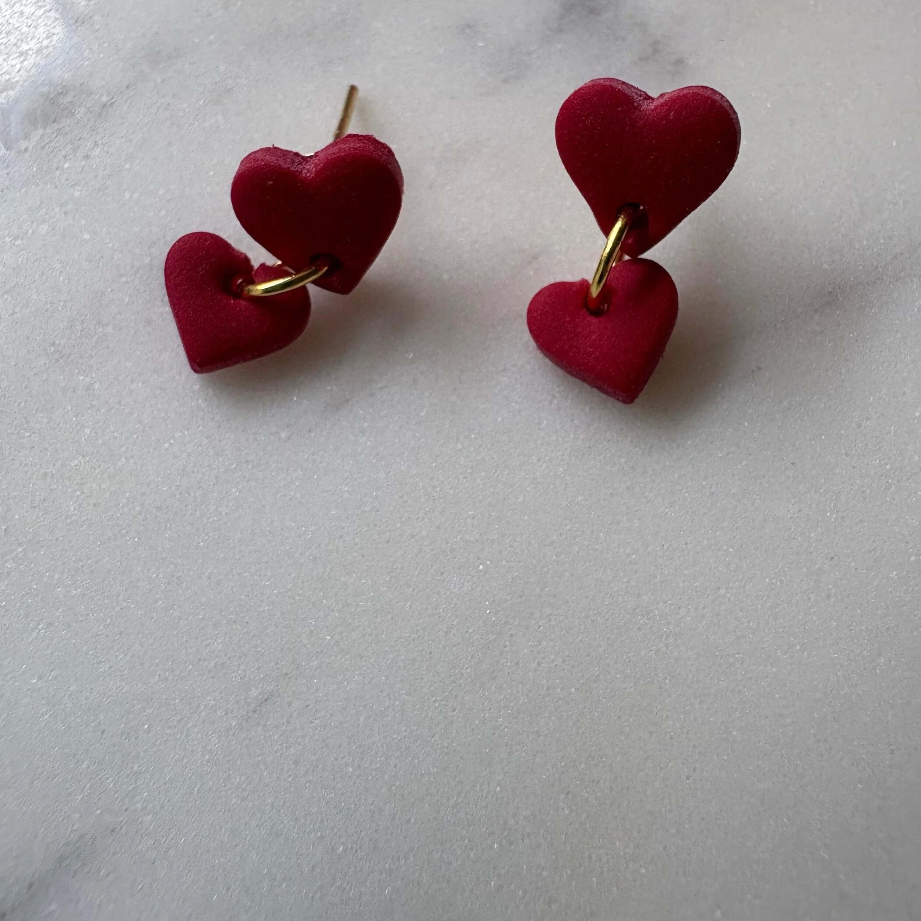 Small Heart with Mini Heart Dangle Gold Stud Earrings - Krafty Kat