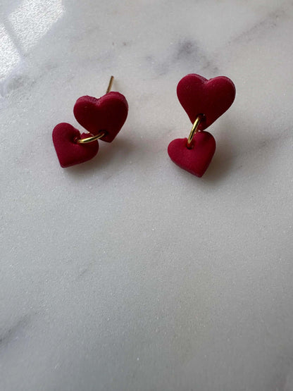 Small Heart with Mini Heart Dangle Gold Stud Earrings - Krafty Kat