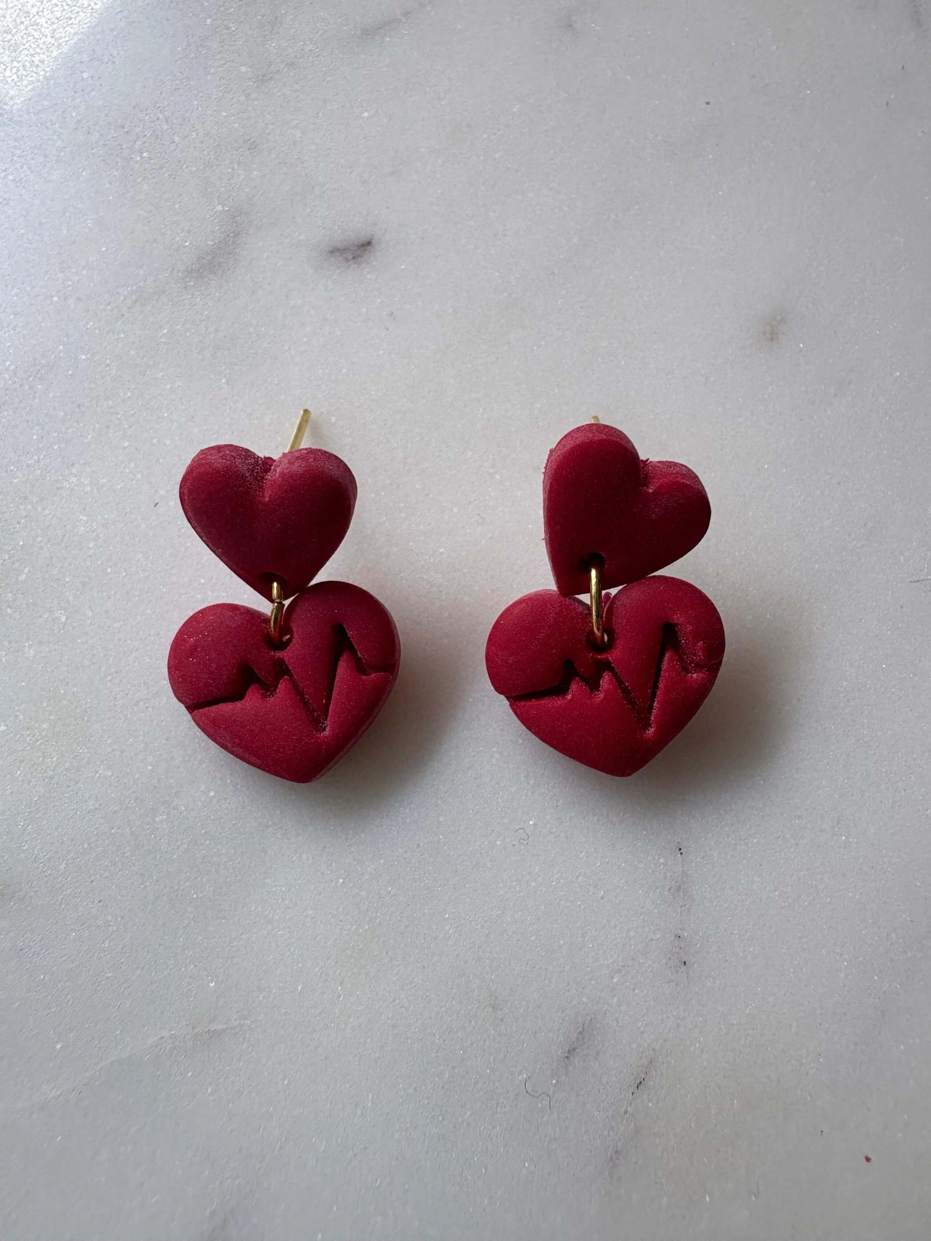 Small Red Heart with a Red Circle with a Heartbeat Line Dangle Gold Stud Earrings - Krafty Kat