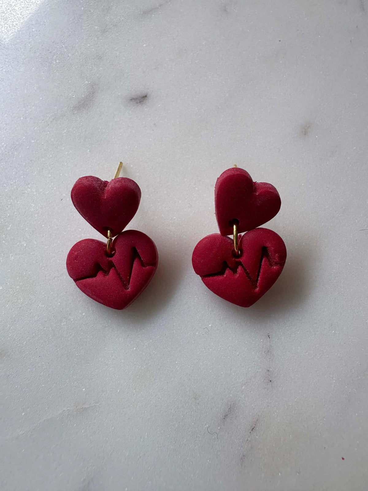Small Red Heart with a Red Circle with a Heartbeat Line Dangle Gold Stud Earrings - Krafty Kat