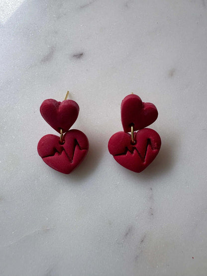 Small Red Heart with a Red Circle with a Heartbeat Line Dangle Gold Stud Earrings - Krafty Kat