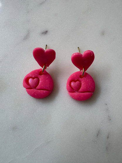 Sparkle Pink Shimmering Mini Heart Inside a Circle with a Small Pink Sparkle Heart Gold Stud Earrings - Krafty Kat