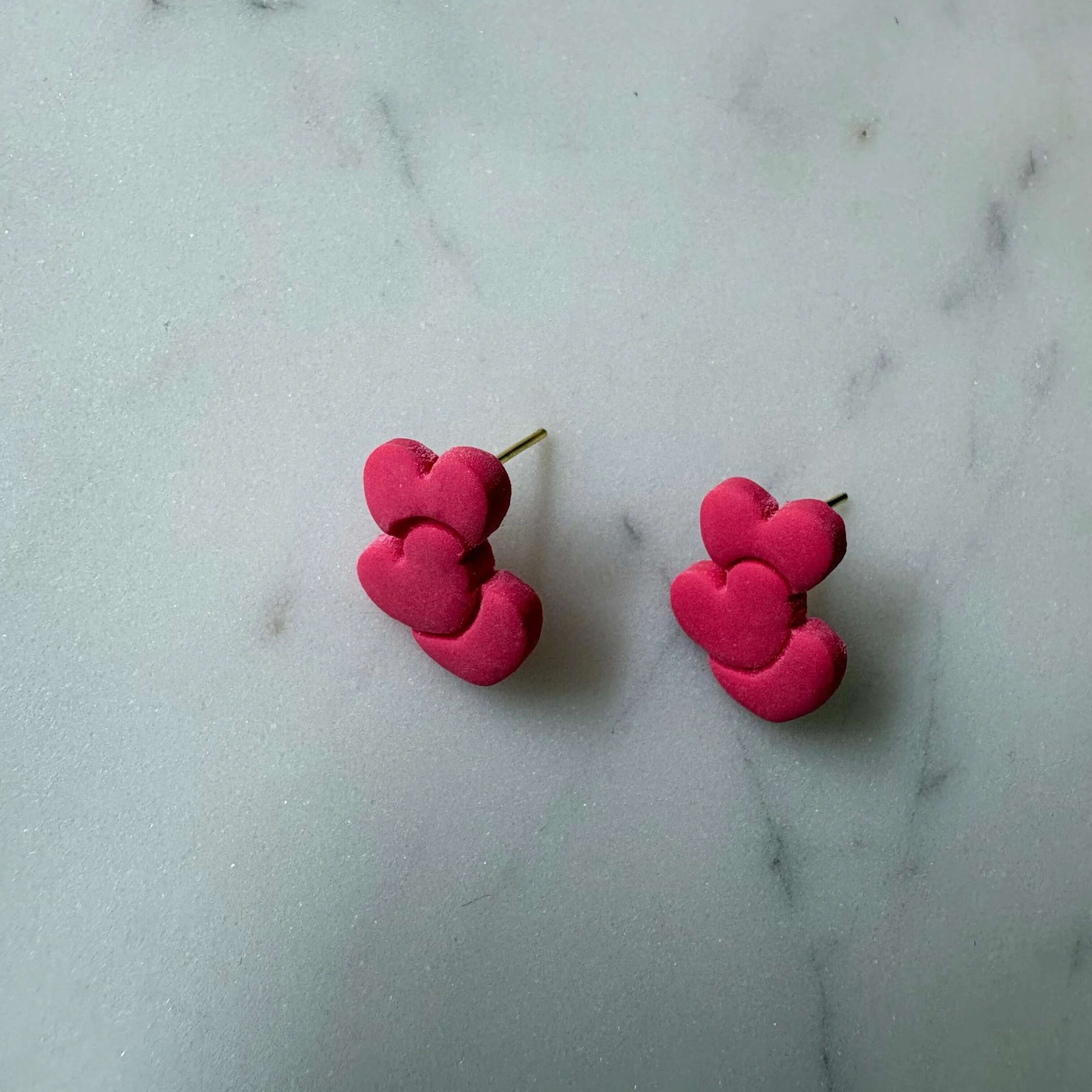 Triple Red Heart Gold Stud Earrings - Krafty Kat